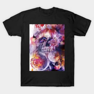 Time skull with gears flowers spider lilies purple teal red T-Shirt